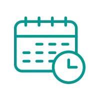 Ícone de calendário com um relógio, na cor verde-azulada.