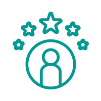 Pessoa dentro de um círculo com quatro estrelas acima, na cor verde-azulada.