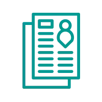 Ícone de documentos; contorno azul-petróleo de duas folhas de papel, uma sobre a outra, com um gráfico em forma de perfil.