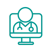 Ícone azul-petróleo de um médico com estetoscópio em um monitor de computador, para telemedicina.