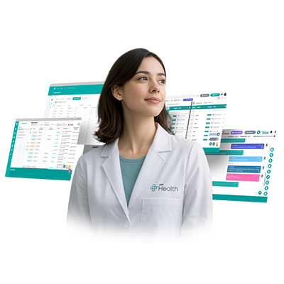 Médico sorridente com estetoscópio, braços cruzados e registros médicos eletrônicos flutuando ao fundo.