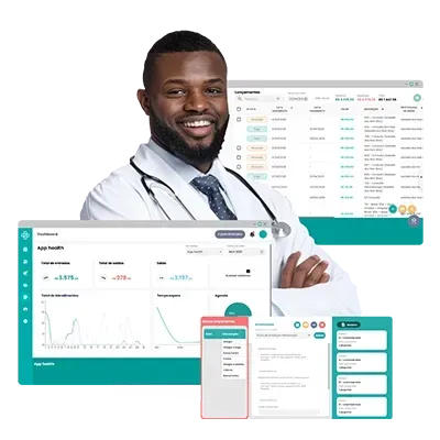 Médico sorrindo, cercado por telas que exibem dados médicos e informações do paciente.