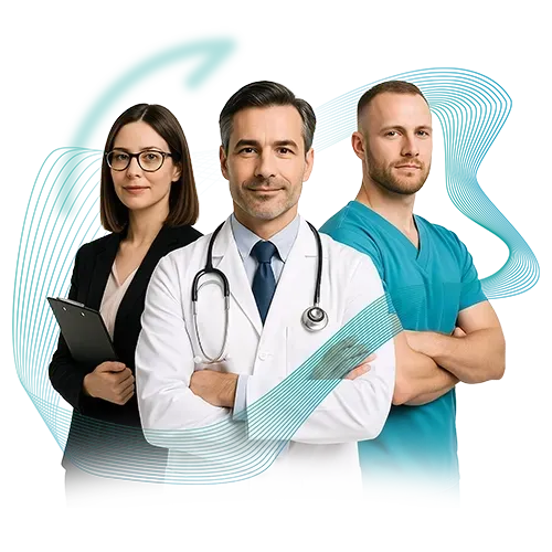 Gestão hospitalar Três profissionais de saúde: uma mulher de terno, um médico com estetoscópio e um auxiliar de enfermagem de uniforme cirúrgico, em pé com os braços cruzados.