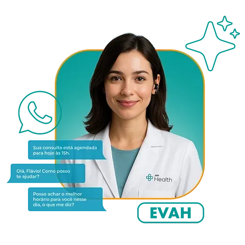 Gestão hospitalar Woman in lab coat with speech bubbles, WhatsApp icon. Text: