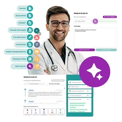 Gestão hospitalar Médico sorrindo, cercado por interfaces de software médico. Detalhes em roxo.