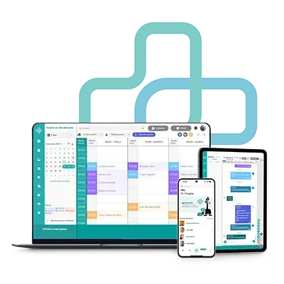 Aplicativo de agendamento exibido em laptop, tablet e celular; interface turquesa e branca com recursos de calendário e bate-papo.