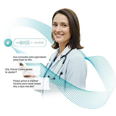 Médica de jaleco branco, sorrindo e segurando um telefone. Mensagens de voz digitais com informações sobre a consulta são sobrepostas.