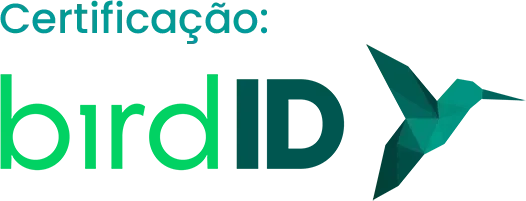 Logotipo para certificação BirdID, apresentando um beija-flor geométrico e o nome da empresa.
