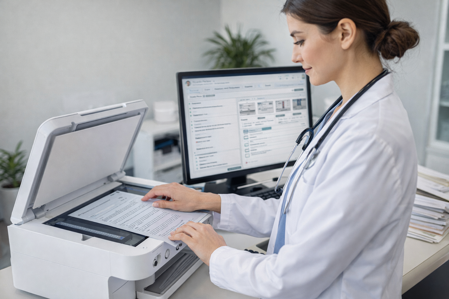 Profissional de saúde digitalizando prontuário médico em papel com scanner para migração