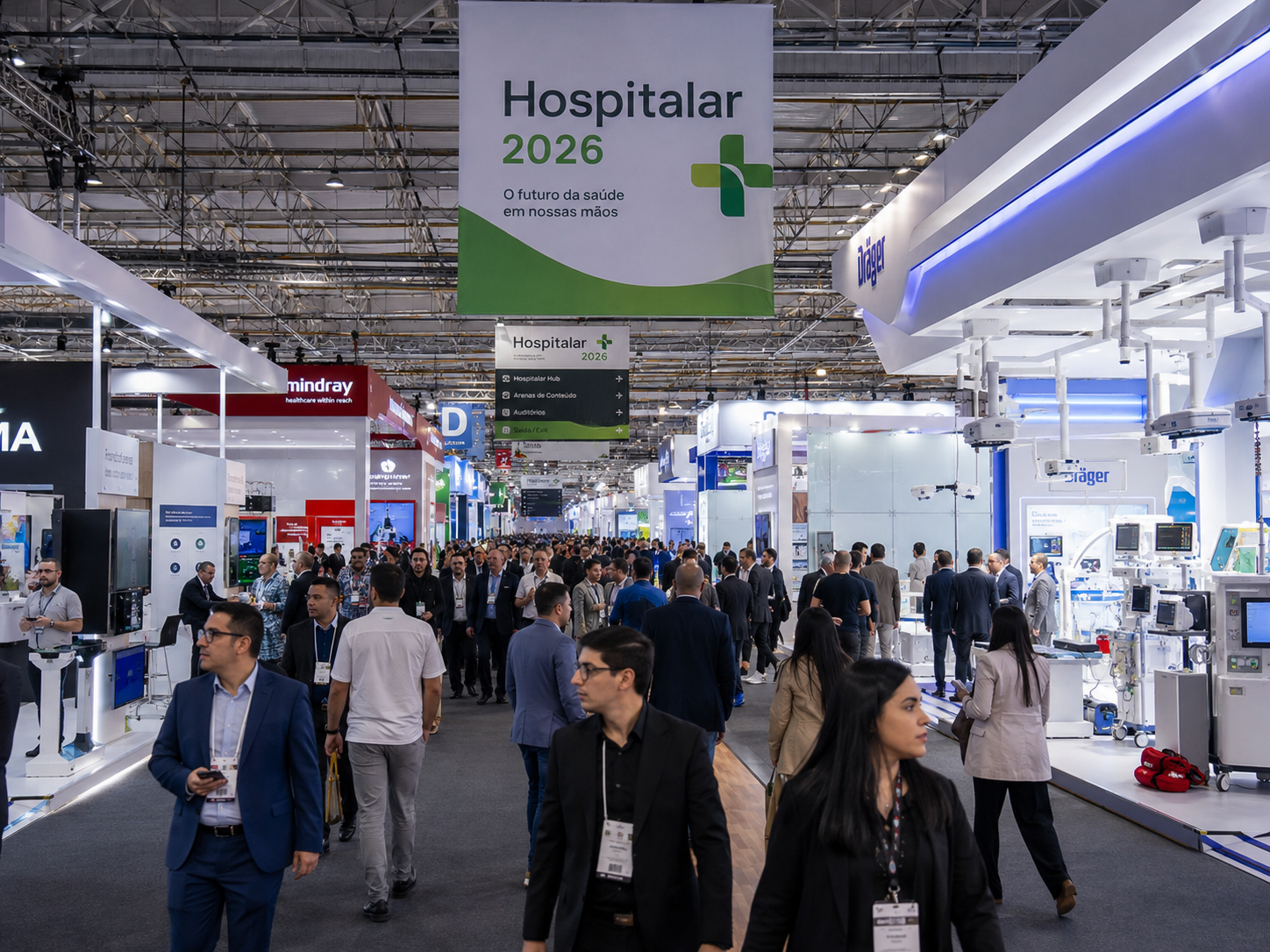 App Health na Hospitalar 2026 demonstrando software de gestão para clínicas com agenda, prontuário e