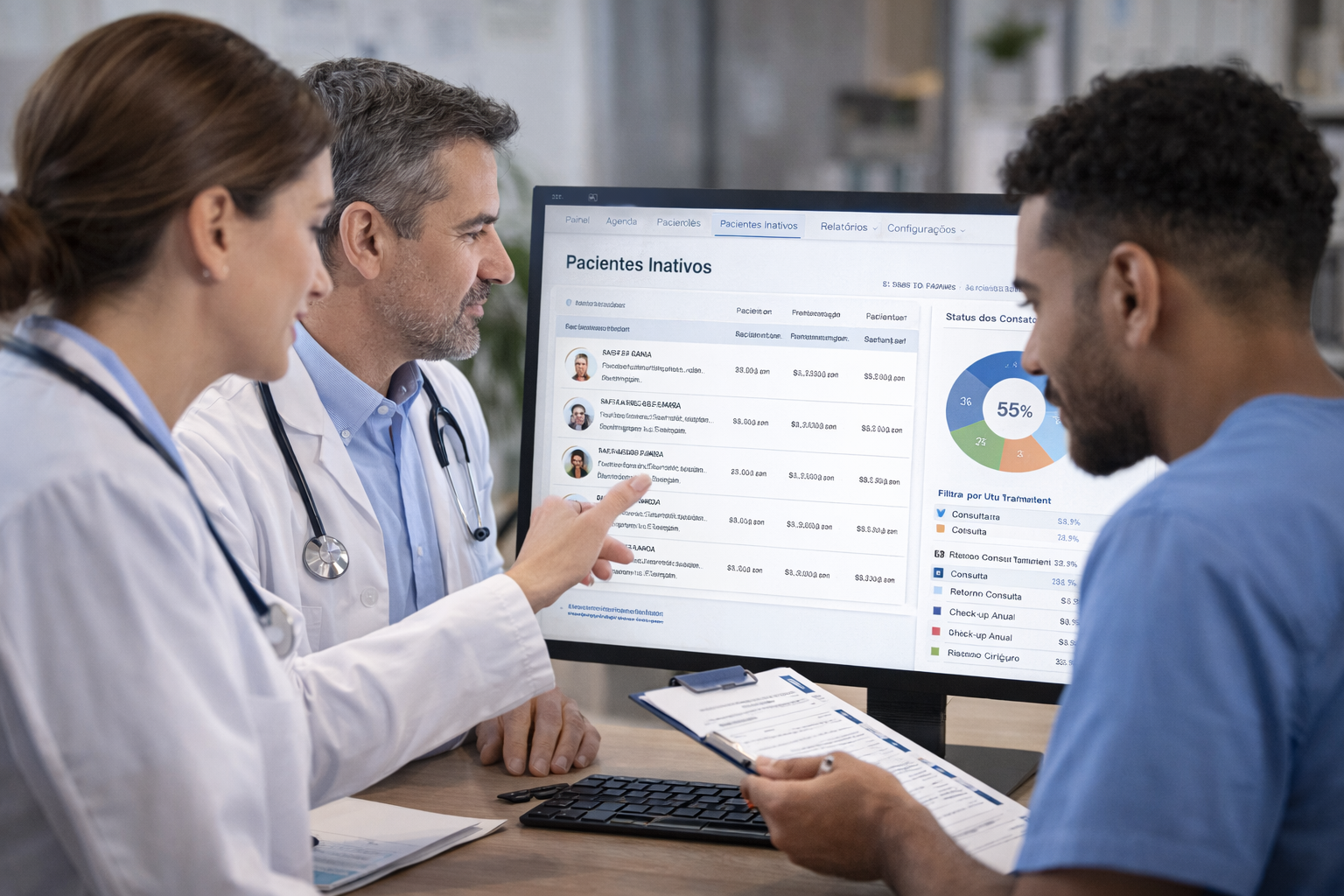 Equipe médica analisando dados de pacientes inativos no software para criar estratégia de
reativação