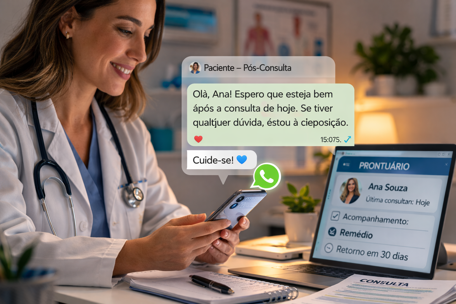 Médica enviando mensagem de acompanhamento pós-consulta pelo smartphone para paciente