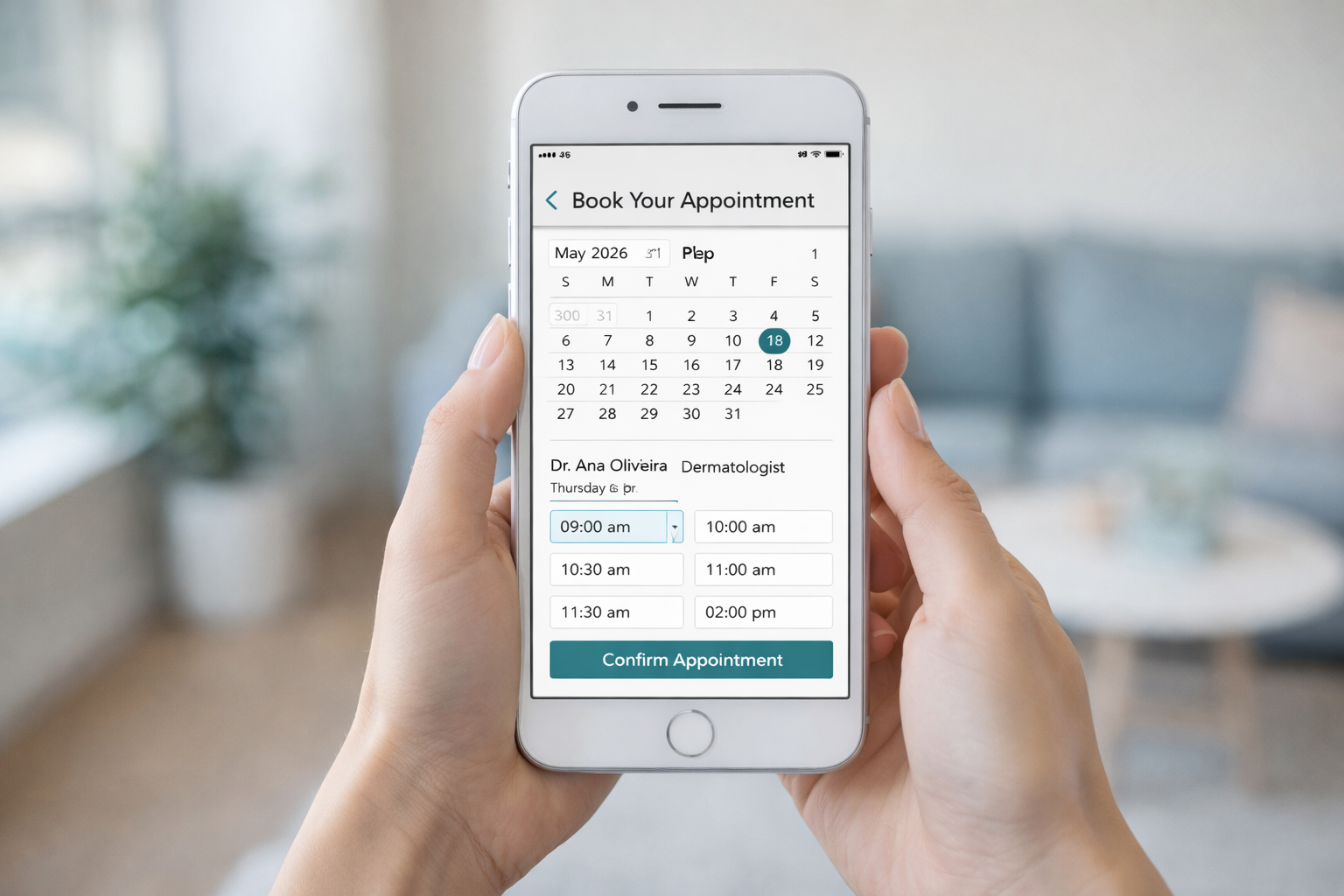 Paciente agendando consulta médica online pelo smartphone com calendário mostrando horários