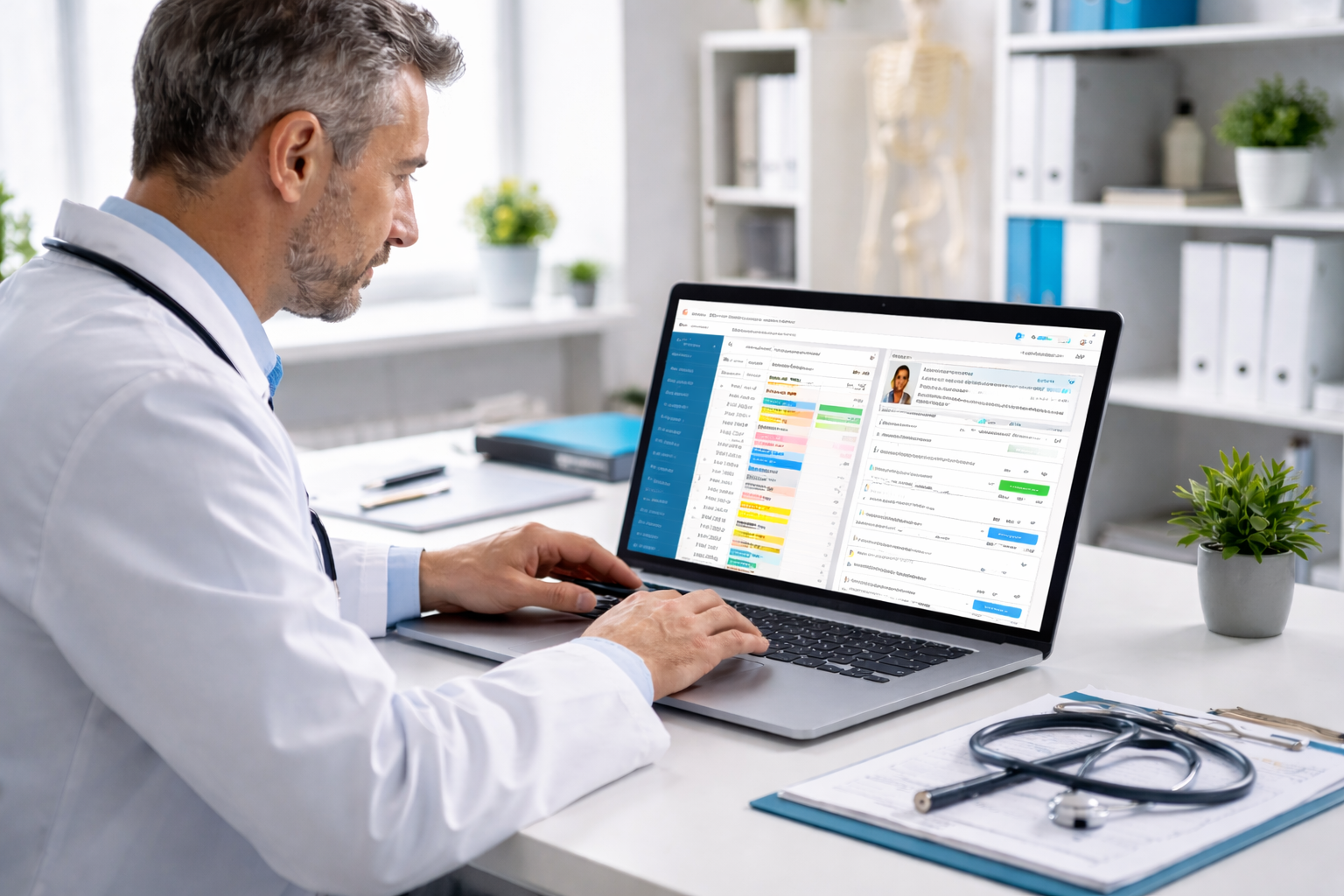 Médico usando software médico para consultório com agenda médica e prontuário eletrônico