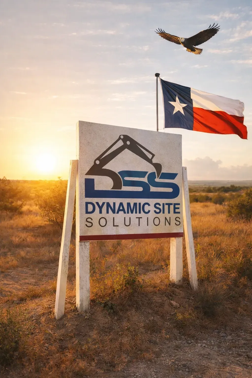A sign for dynamic site solutions is sitting in the middle of a field.