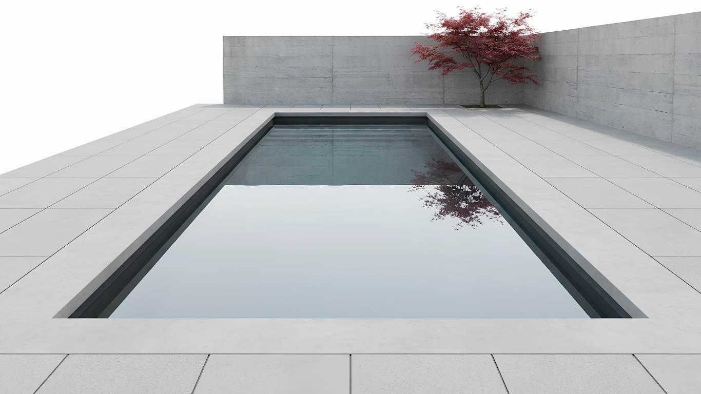 Modern minimalist courtyard with a rectangular reflecting pool and gray tile paving, viewed upward toward a tree.