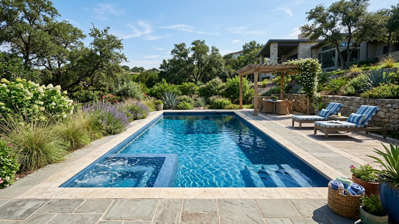 Backyard swimming pool with lounge chairs, a slide, and a shaded seating area