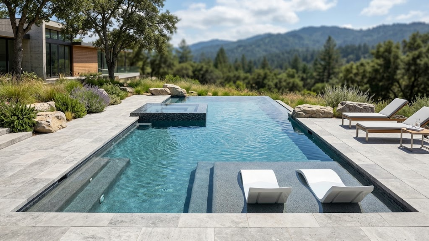 Backyard swimming pool with blue water, curved stone edge, and brick patio surround