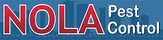 A logo for NOLA Pest Control featuring large red text with white outlines over a silhouette of a city skyline.