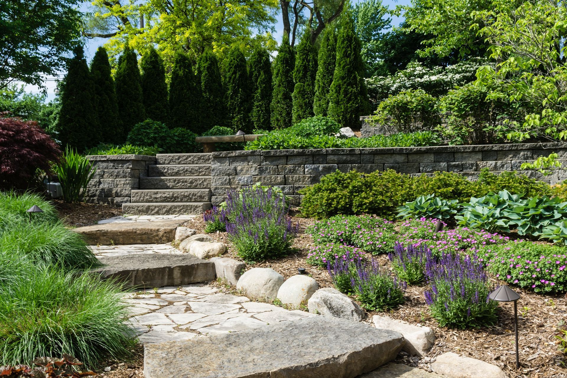 Stone steps lead through a lush garden with a retaining wall, green plants, and tall evergreens.