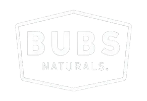 A white logo for bubs naturals on a white background.