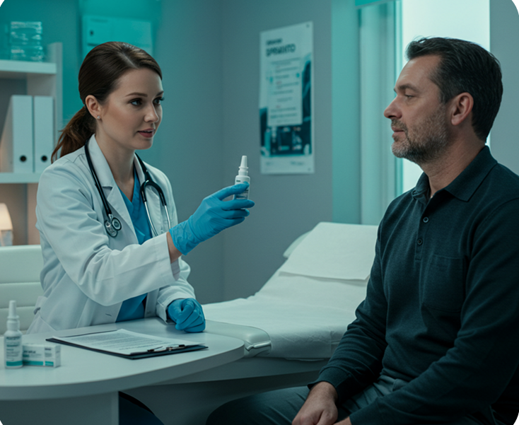 Doctor holding nasal spray, explaining to a patient in a medical office.