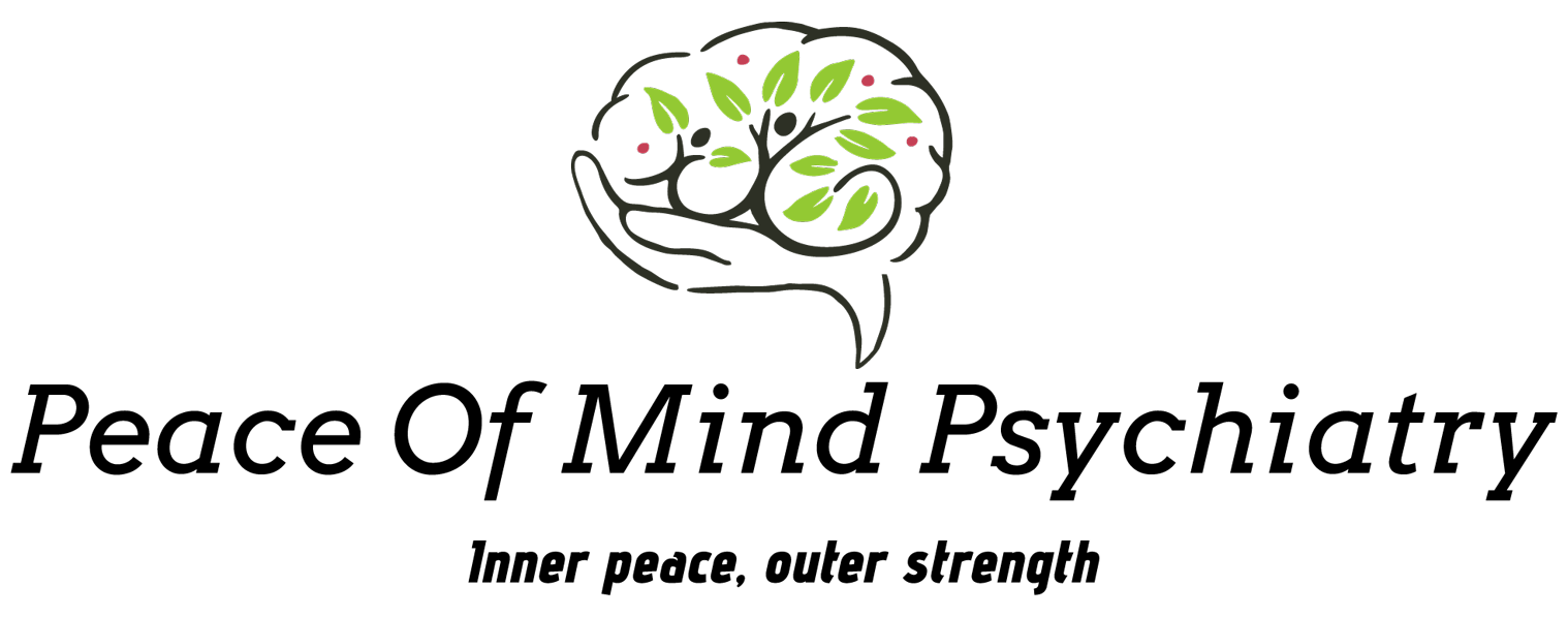 Logo for Peace of Mind Psychiatry: brain with leaves held by a hand; text says 