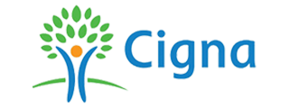 Cigna logo: blue tree with green leaves and a person, with the word