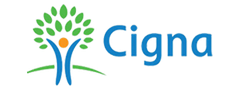 Cigna logo: blue tree with green leaves and a person, with the word 
