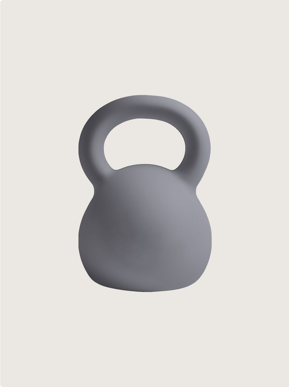 A gray kettlebell with a handle on a white background.