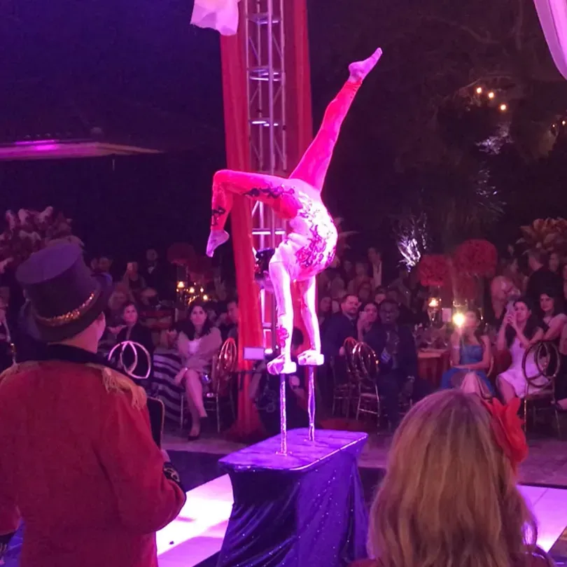 Milanus Circus, Miami, FL, contortionist performing a hand balance.