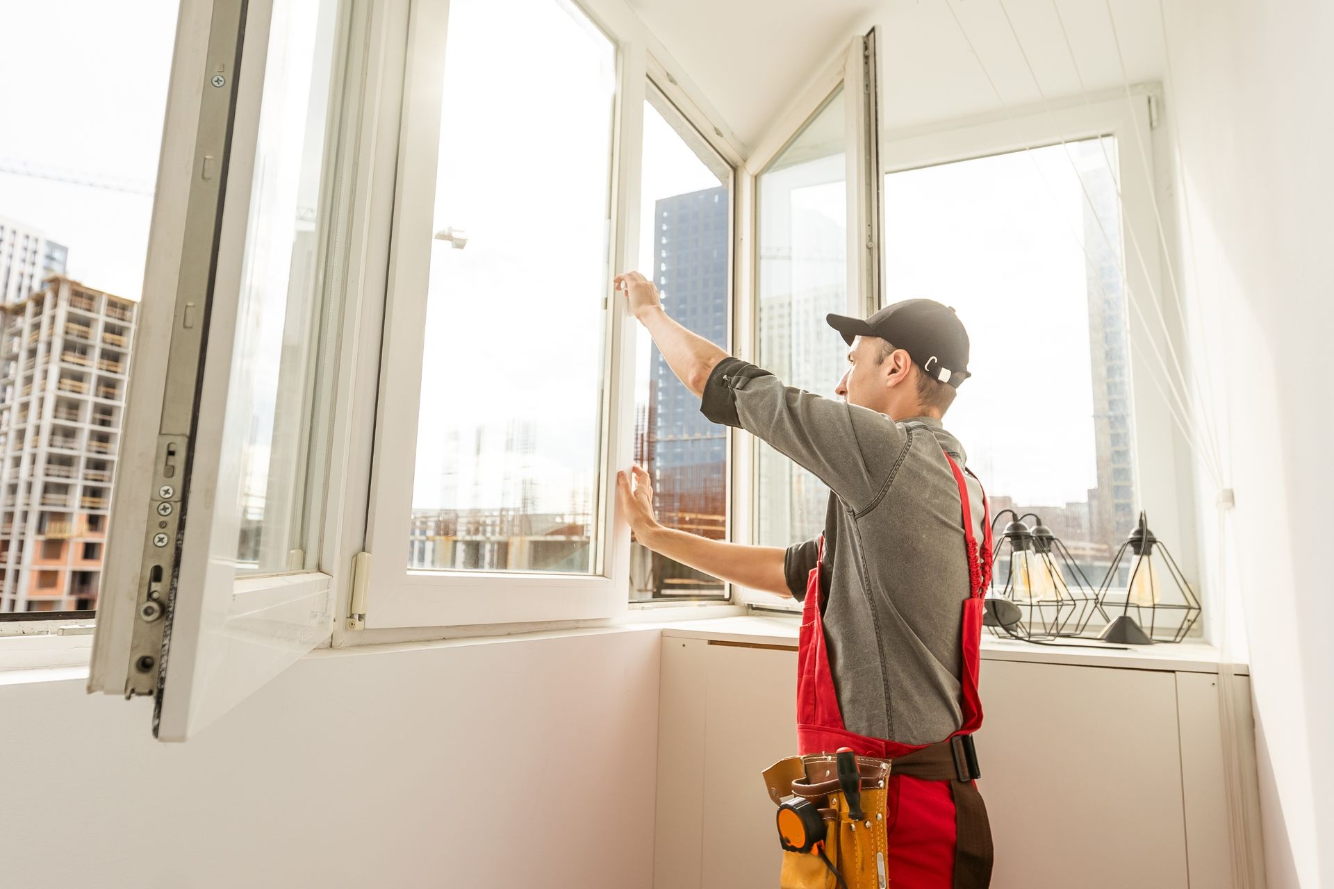 Worker installing window frame in a bright apartment, using tools by an open window.
