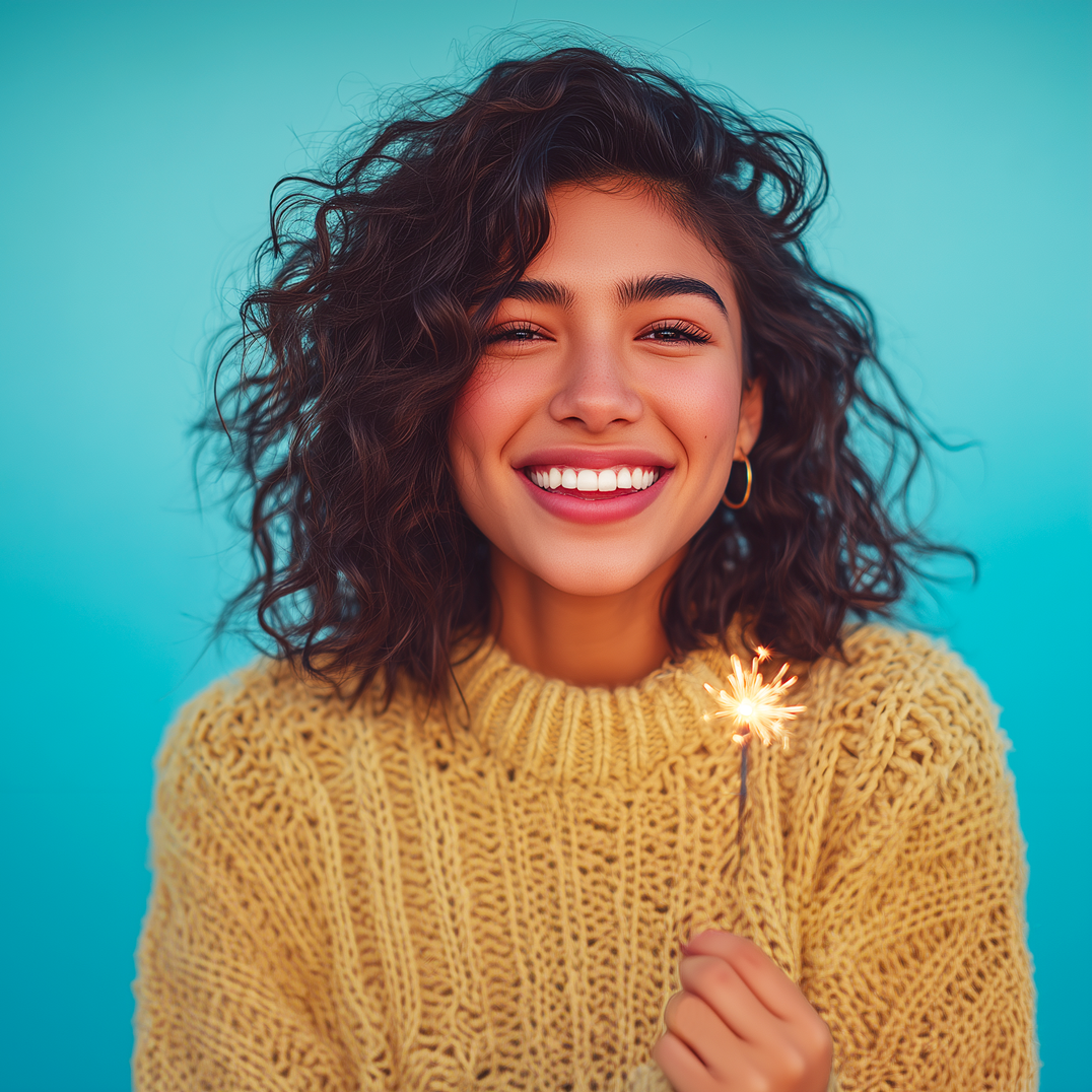 Woman with curly hair smiles, holding a sparkler, wearing a yellow sweater against a blue background.
