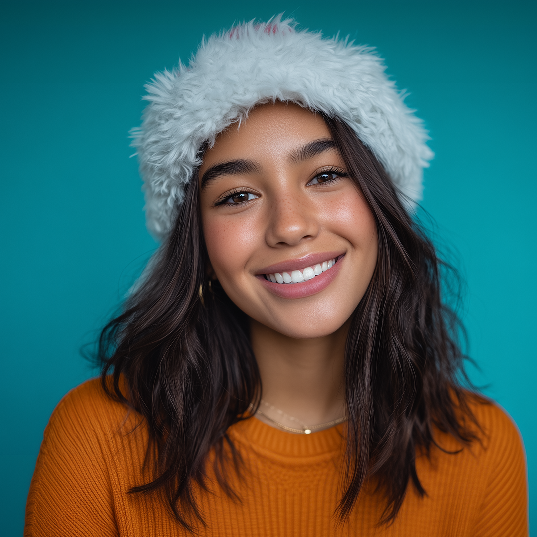 Woman wearing a fuzzy white hat, smiling at the camera, against a teal background.