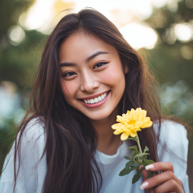 Woman with long dark hair, smiling, holding a yellow flower.