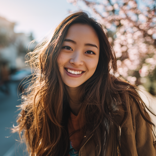 A smiling person with long brown hair, bathed in warm, soft sunlight outdoors with blurred flowering trees in the background.