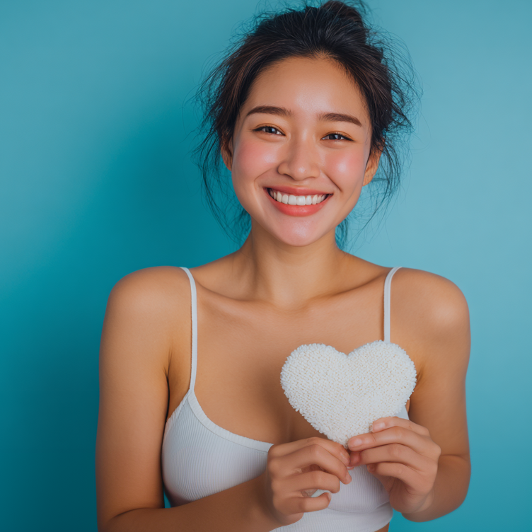Woman in a white tank top, smiling, holding a white heart against a blue background.
