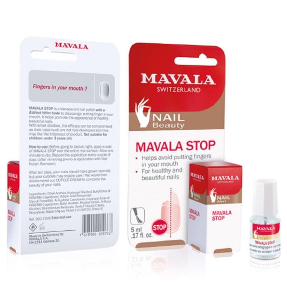 Mavala Stop nail polish, in its box and bottle, designed to discourage nail biting.