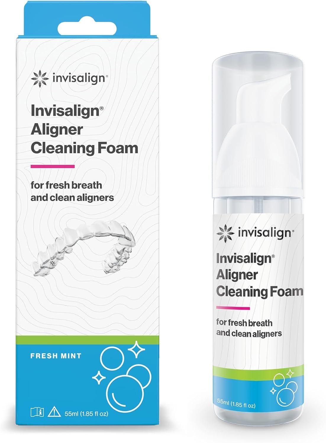 A box and a bottle of Invisalign Aligner Cleaning Foam in fresh mint, set against a white background.