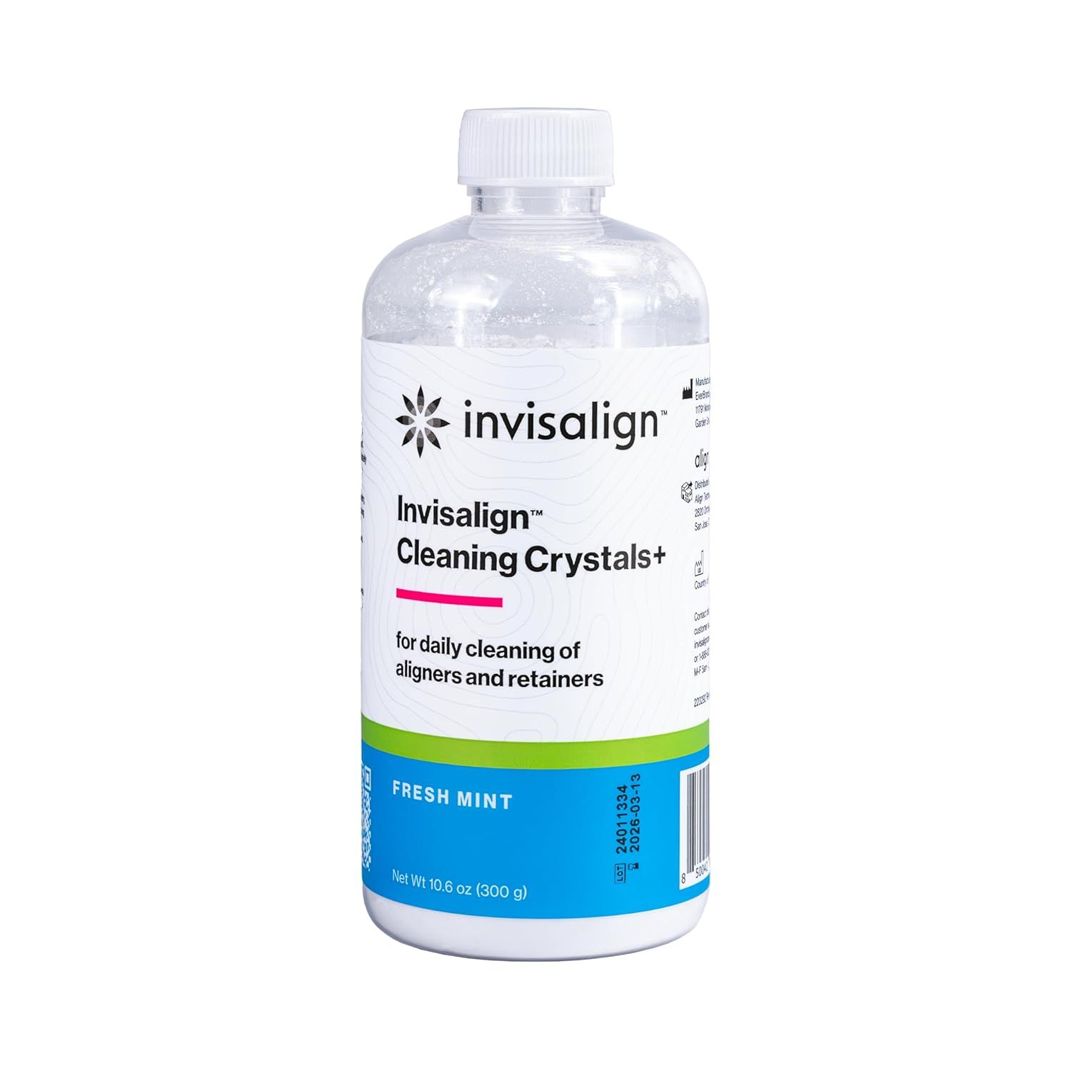A bottle of Invisalign Cleaning Crystals with white, green, and blue labels on a white background.