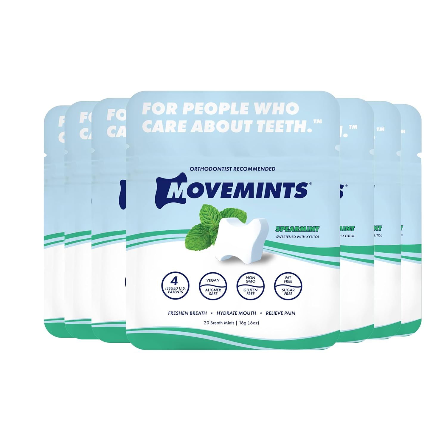 Several packs of Movemints mints arranged in a row, featuring light blue packaging, branding, and a mint leaf illustration.