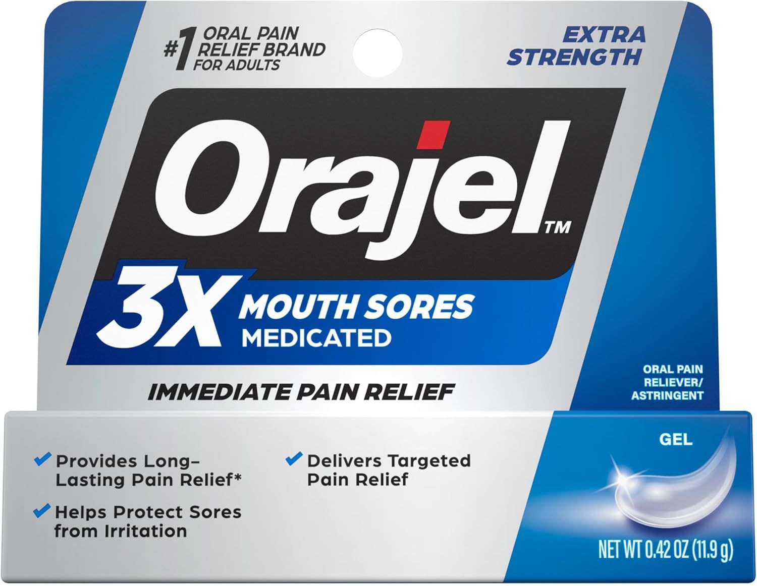 Orajel 3X Mouth Sores medicated gel in white and blue packaging, offering immediate, long-lasting oral pain relief.