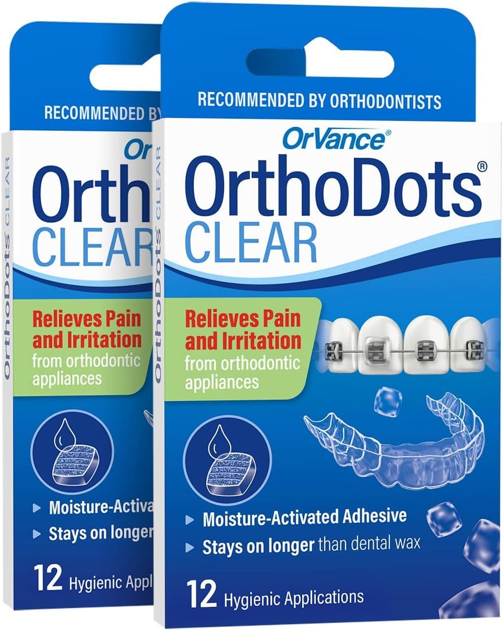 Two boxes of OrVance OrthoDots CLEAR, a moisture-activated adhesive for relieving pain from orthodontic appliances.