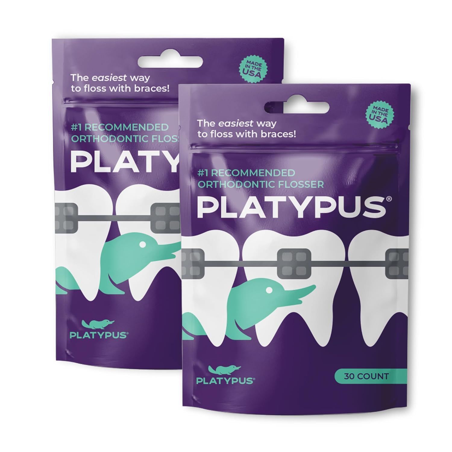 Two purple pouches of Platypus brand orthodontic flossers for braces, each showing a graphic of teeth with braces.