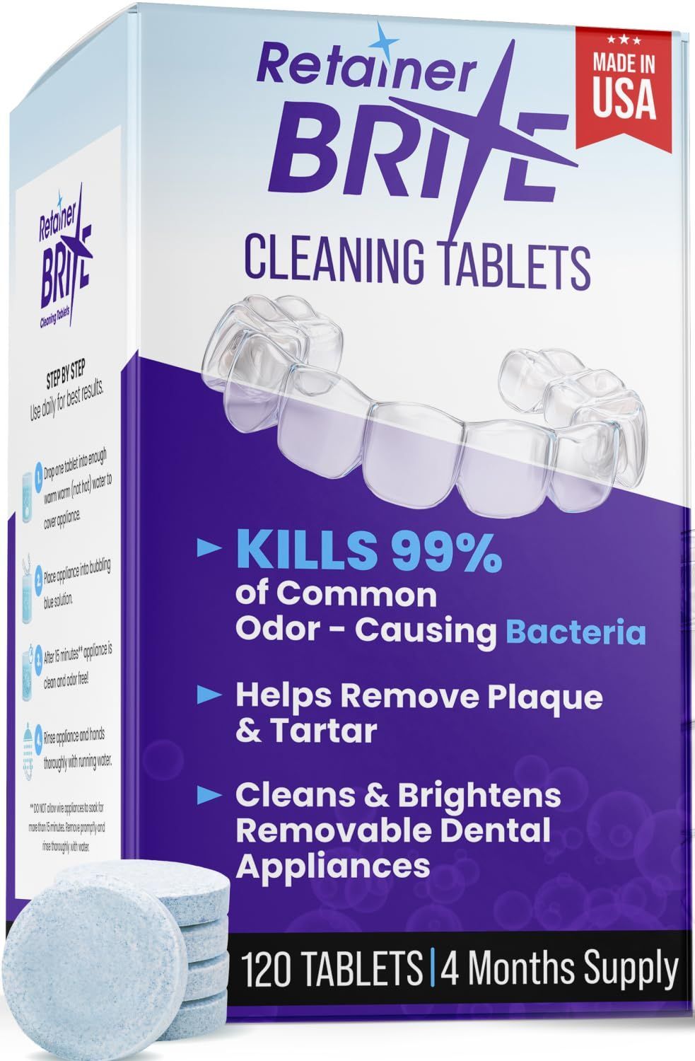 A box of Retainer Brite cleaning tablets with an image of a dental retainer, totaling 120 tablets for a 4-month supply.