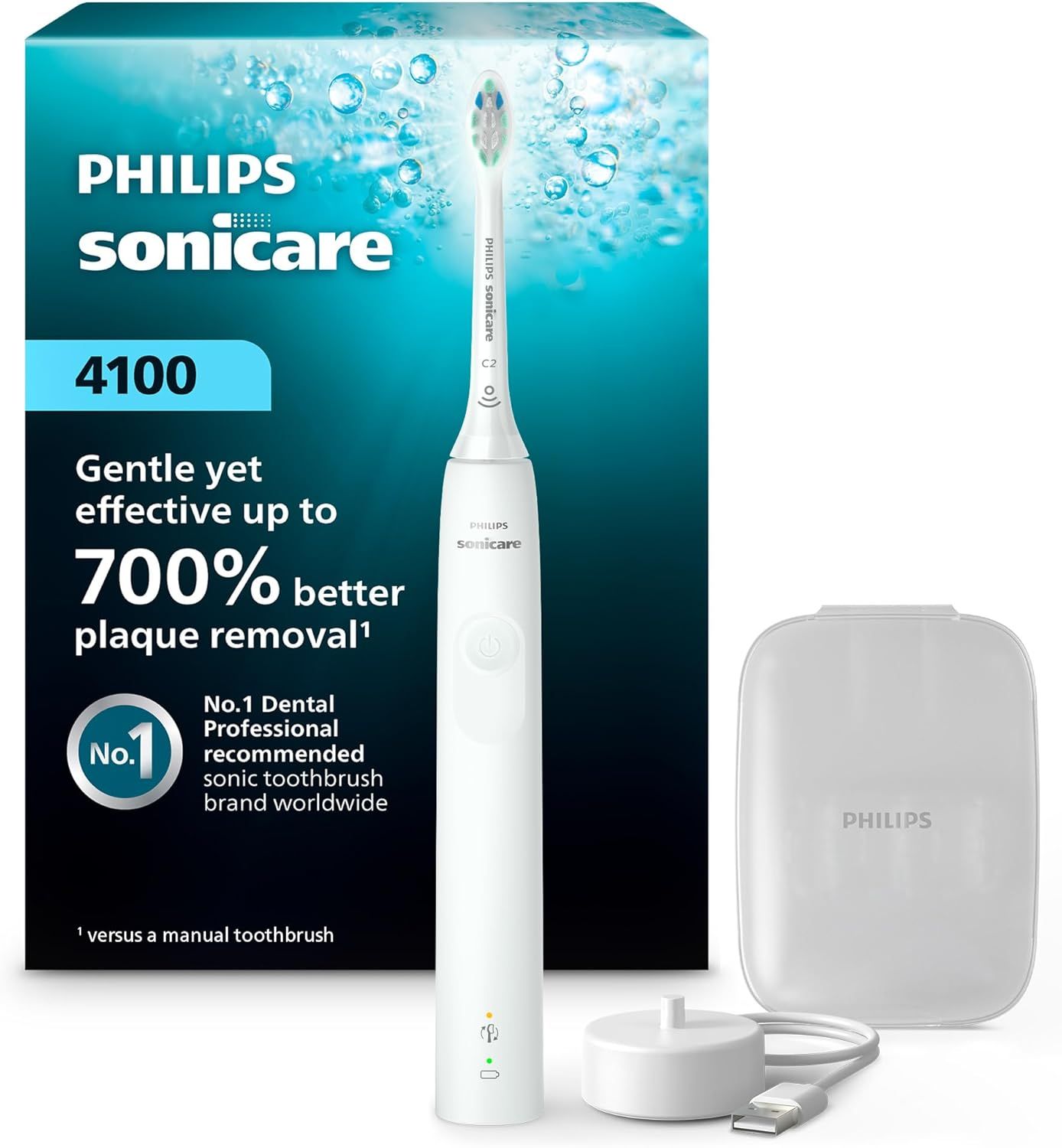 Philips Sonicare 4100 electric toothbrush, charging base, and travel case against a branded product box.
