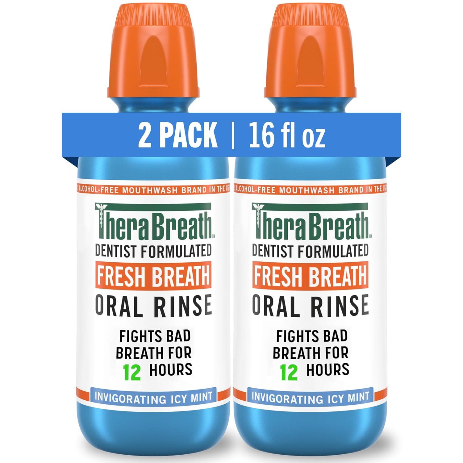 A 2-pack of 16 fl oz TheraBreath Fresh Breath Oral Rinse in blue bottles with orange caps, labeled as icy mint flavor.