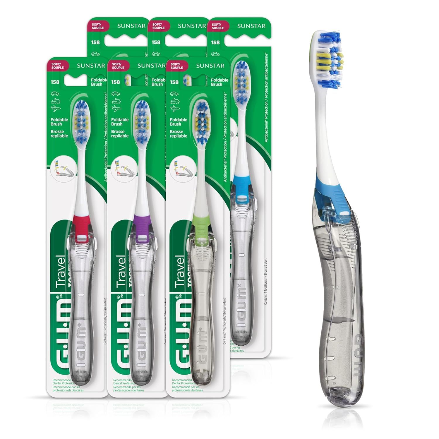 Four GUM brand travel toothbrushes in packaging and one unfolded, ready-to-use blue-accented toothbrush.
