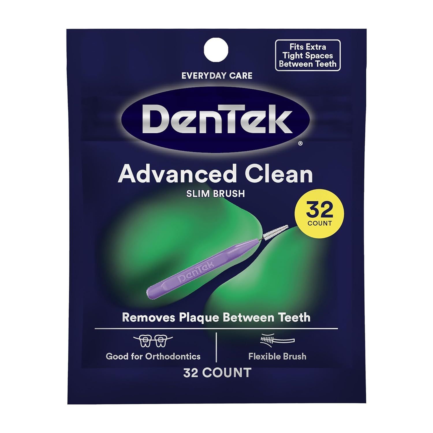 A blue DenTek Advanced Clean Slim Brush package, 32 count, for cleaning plaque between teeth and orthodontics.