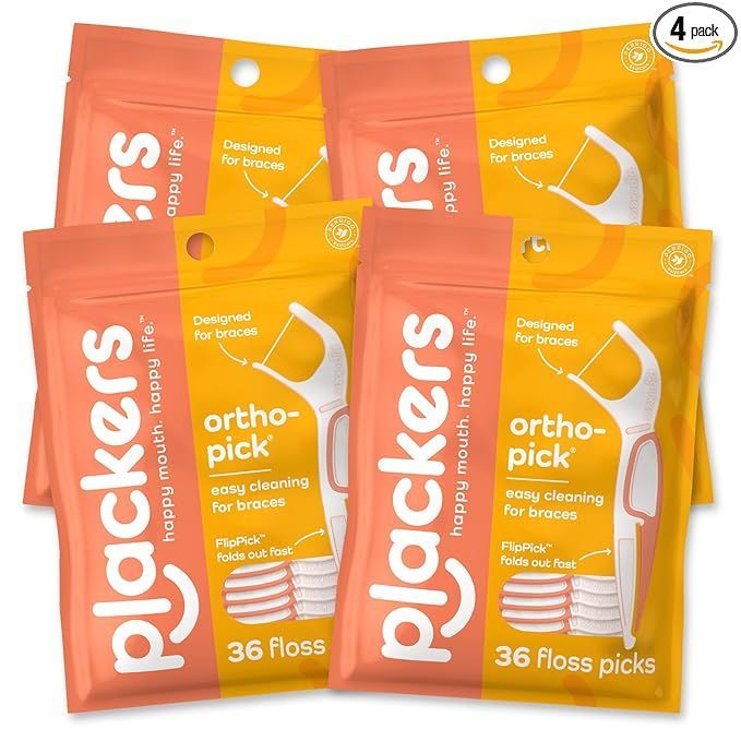 Four bags of Plackers Ortho Pick dental floss for braces, totaling 144 individual floss picks in orange and white packaging.